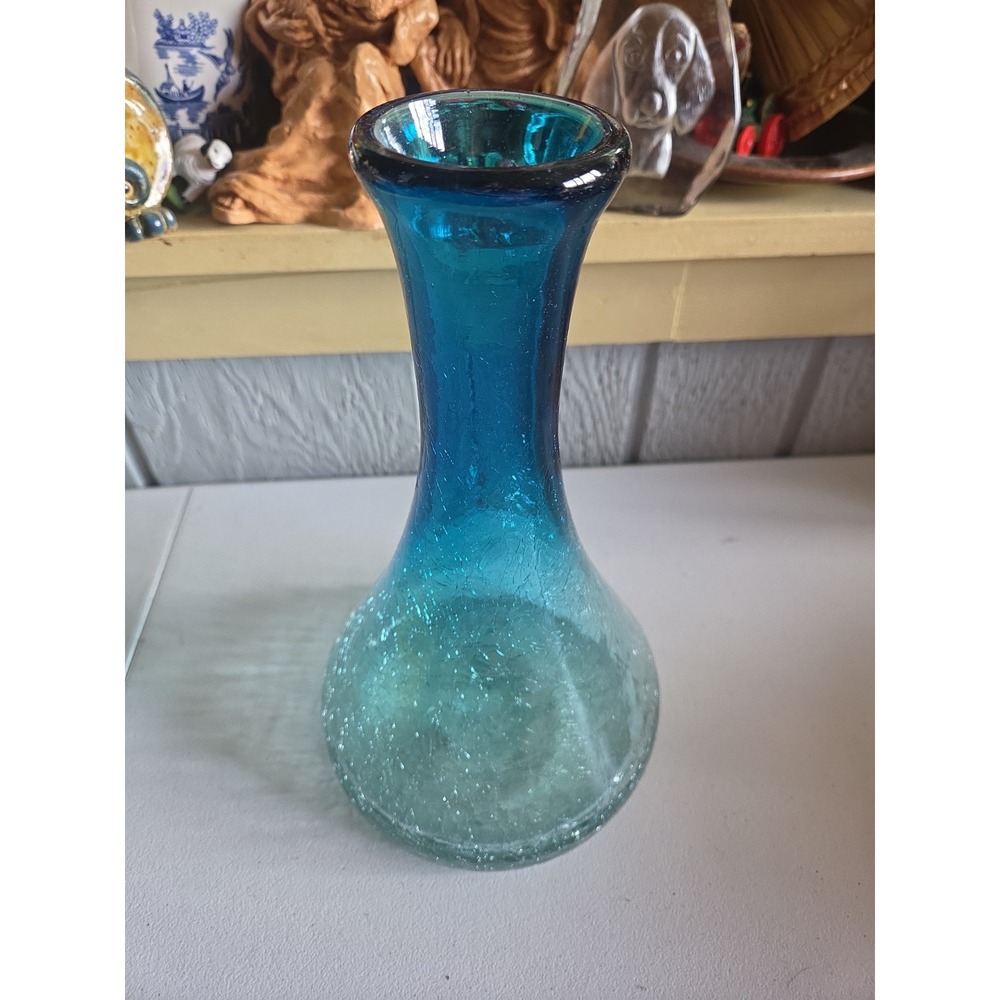 Vintage Hand Blown Crackle Art Glass Aqua Blue Rim Decanter Carafe Vase Mexico